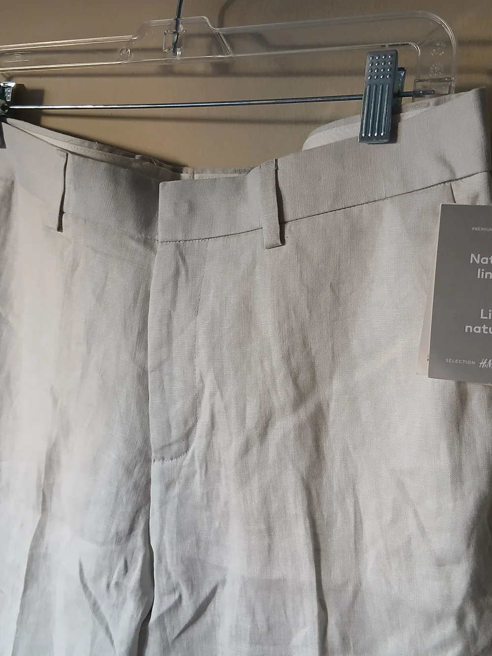 H&M Men's Light Beige Linen Flat Front Trouser Pants